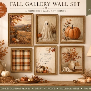 Puede incluir: Un conjunto de seis láminas de arte mural enmarcadas titulado Fall Gallery Wall Set, con imágenes de temática otoñal que incluyen un paisaje, un fantasma, calabazas, patrones de cuadros y el texto Autumn is my favorite color.