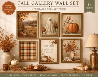 May include: A set of six framed wall art prints titled Fall Gallery Wall Set, featuring autumn-themed imagery including a landscape, a ghost, pumpkins, plaid patterns, and the text Autumn is my favorite color, presented as digital files.