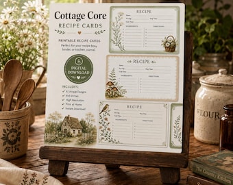 May include: A white rectangular sign displaying Cottage Core Recipe Cards with text and illustrations of a house, flowers, and birds. The sign features three blank recipe card templates with lines for ingredients and directions, plus a digital download icon.