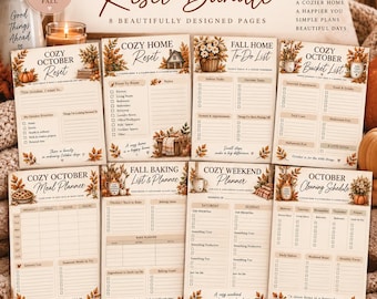 May include: A digital planner bundle titled Cozy October Reset Bundle featuring eight pages with autumn-themed illustrations of pumpkins, leaves, and baskets. The pages include checklists for meal planning, cleaning schedules, bucket lists, and weekend planners.