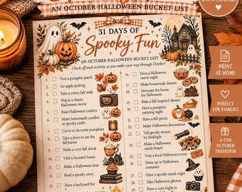 May include: A printed bucket list titled 31 Days of Spooky Fun, An October Halloween Bucket List. The document features a numbered checklist from 1 to 31 with Halloween-themed illustrations including pumpkins, ghosts, a haunted house, and a black cat.