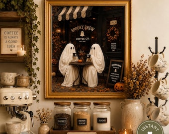 May include: A digital download wall art print in a gold frame depicting two ghosts in white sheets sitting at a table drinking coffee outside a shop labeled Spooky Brew Coffee Co. The scene includes autumn leaves and a small pumpkin on the table.