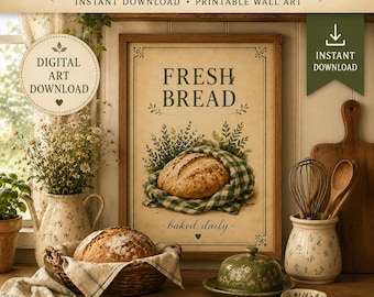 May include: A digital art print featuring a loaf of bread wrapped in a green and white checkered cloth, with the text FRESH BREAD and baked daily. The artwork is displayed in a wooden frame, surrounded by a pitcher of flowers and kitchen tools.