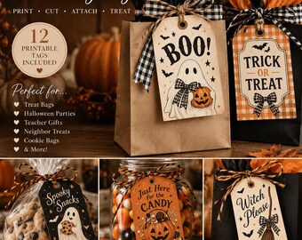 May include: A collection of printable Halloween treat bag tags featuring various designs including a ghost with the text BOO!, a pumpkin with the text Just Here for the CANDY, a witch broom with the text Witch Please, and a ghost with Spooky Snacks.