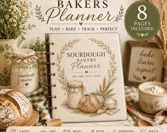 May include: A Sourdough Bakers Planner with a cream cover featuring a wheat wreath, a jar, and a loaf of bread illustration. The text reads Sourdough Bakers Planner, Plan, Bake, Track, Perfect, and 8 Pages Included. It includes sections for starter tracking, bake logs, weekly planning, recipe testing, and temperature logs.