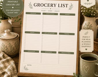 May include: A printable grocery list template on a wooden stand, featuring the text GROCERY LIST, PLAN SHOP ENJOY, and categories like PRODUCE, DAIRY & EGGS, BAKERY, PANTRY, MEAT & SEAFOOD, FROZEN, HOUSEHOLD, BEVERAGES, SNACKS & MISC, and NOTES.