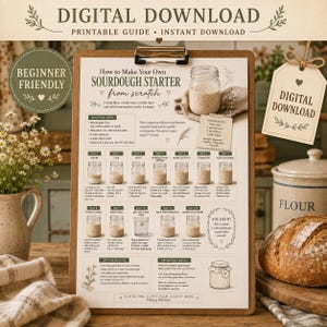 Może przedstawiać: Przewodnik do druku na podkładce z klipsem zatytułowany How to Make Your Own SOURDOUGH STARTER from scratch. Dokument zawiera 12-dniową oś czasu z ilustracjami szklanych słoików, listami składników oraz wskazówkami w neutralnej kolorystyce.