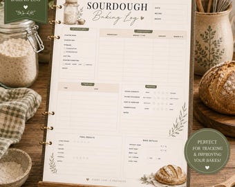 May include: A printable sourdough baking log on a wooden stand, featuring sections for starter details, ingredients, timeline, process, final results, and bake details. The page includes a small illustration of a sourdough starter jar and bread.