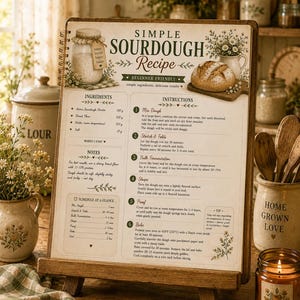 Puede incluir: Una tarjeta de recetas con encuadernaci&oacute;n en espiral titulada Simple Sourdough Recipe sobre un soporte de madera. La tarjeta presenta ilustraciones de un frasco de masa madre y una hogaza de pan, con ingredientes, instrucciones y notas en verde.