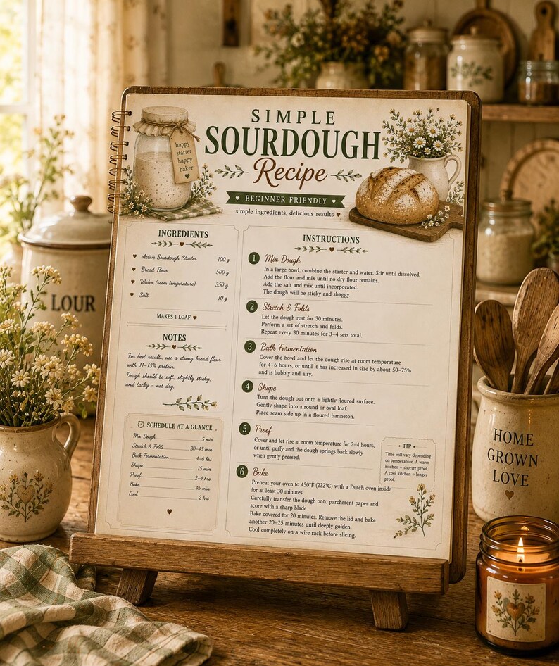 Puede incluir: Una tarjeta de recetas con encuadernaci&oacute;n en espiral titulada Simple Sourdough Recipe sobre un soporte de madera. La tarjeta presenta ilustraciones de un frasco de masa madre y una hogaza de pan, con ingredientes, instrucciones y notas en verde.