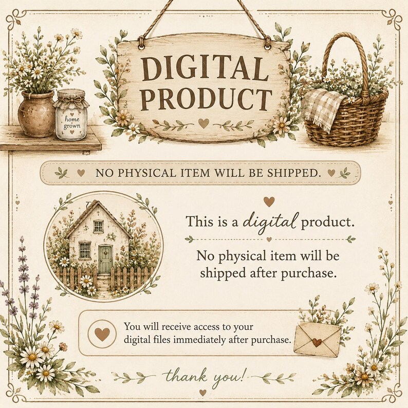 Puede incluir: Un anuncio de producto digital con un letrero de madera colgante con el texto DIGITAL PRODUCT, una ilustraci&oacute;n de una casa de campo y motivos florales. El texto incluye NO PHYSICAL ITEM WILL BE SHIPPED y This is a digital product.