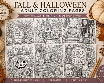 May include: A collection of six black and white coloring pages featuring fall and Halloween themes, including a pumpkin spice mug, floral arrangements, a witch's study with books, a jack-o'-lantern, a cat, and a Trick or Treat sign with a ghost.