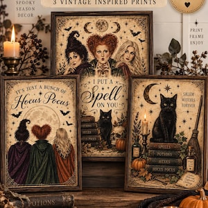 Hocus Pocus Vintage-inspirerad uppsättning med 3 tryck, Halloween-heminredning (digital nedladdning)