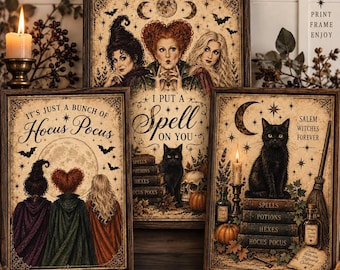 May include: A set of three framed Hocus Pocus prints featuring illustrations of three witches, a black cat, moons, bats, and pumpkins. The prints include text such as Hocus Pocus, I Put a Spell on You, and Salem Witches Forever, presented in a vintage style.