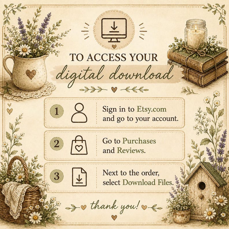 Puede incluir: Un gr&aacute;fico de instrucciones para una descarga digital sobre un fondo color crema con ilustraciones florales, una jarra, libros y una pajarera. El texto dice: TO ACCESS YOUR DIGITAL DOWNLOAD, 1. Sign in to Etsy.com and go to your account, 2. Go to Purchases and Reviews, 3. Next to the order, select Download Files, thank you!