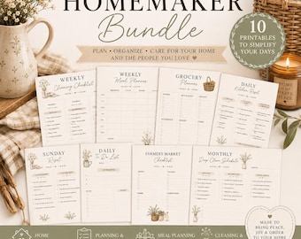 May include: A Homemaker Bundle featuring 10 printable planning sheets including a weekly cleaning checklist, meal planner, grocery planner, daily kitchen reset, Sunday reset, daily to-do list, farmers market checklist, and monthly deep clean schedule.