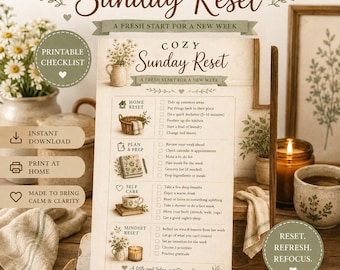 May include: A printable Cozy Sunday Reset checklist featuring sections for Home Reset, Plan & Prep, Self Care, and Mindset Reset. The document includes small illustrations of a flower vase, basket, notebook, tea cup, and candle with checkboxes.