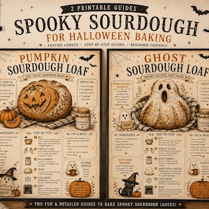 Può includere: Due guide stampabili intitolate Spooky Sourdough for Halloween Baking con una pagnotta di lievito madre alla zucca e una a forma di fantasma. Ogni guida include ingredienti, istruzioni passo dopo passo, consigli e profili di gusto.