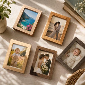 Può includere: Cinque cornici rettangolari in varie tonalità di legno, tra cui rovere chiaro, marrone medio e grigio scuro. Le cornici contengono fotografie di un paesaggio costiero, una coppia di sposi, un bambino in un campo e un neonato.
