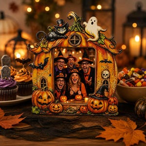 Halloween Wooden Photo Frame, Spooky Black Cat Owl Pumpkin Picture Frame, Haunted House Tabletop Decor, Fall Mantel Shelf Decoration, Gift