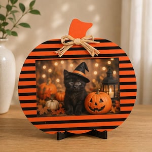 Halloween Pumpkin Photo Frame Wooden Picture Frame Tabletop Display Fall Home Decor Halloween Photo Holder, Halloween Decor and Gift