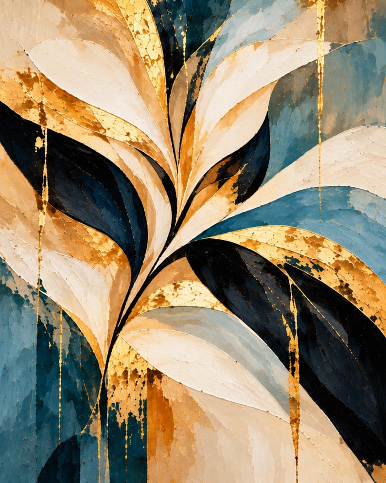 Abstract Botanical Wall Art, Blue and Gold Leaf Painting, Modern Luxury ...