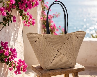 Borsa tote grande in rafia, borsa a tracolla estiva in paglia