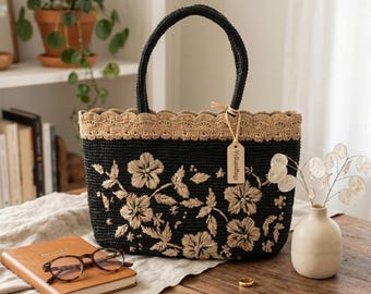 Bolsa elegante de ráfia preta, sacola de palha com bordado floral