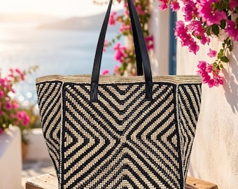 Grande borsa tote in rafia fatta a mano per donna, borsetta estiva in paglia