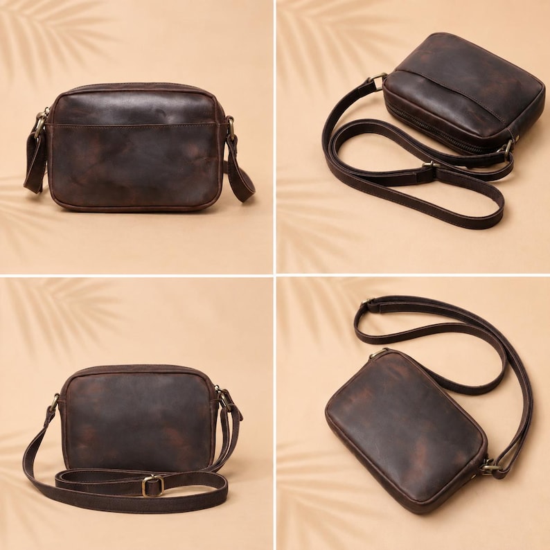 May include: A dark brown rectangular crossbody bag with a smooth finish, featuring a top zipper closure, a long adjustable shoulder strap with a metal buckle, and antique brass-toned hardware attachments on the sides of the bag.