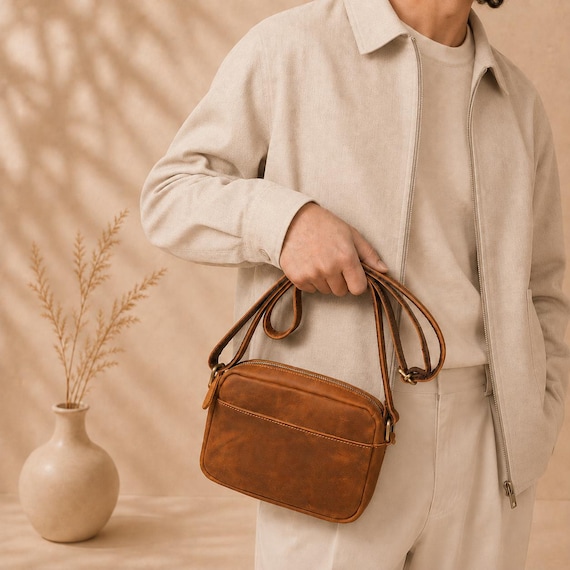 Men's Vintage Leather Messenger Bag, Genuine Cowhide Crossbody
