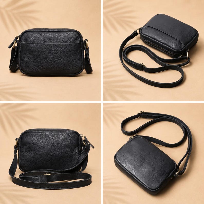 May include: A black rectangular crossbody bag with a textured surface, featuring a top zipper closure, a long adjustable shoulder strap, and metallic hardware. The bag is shown from multiple angles, highlighting its compact shape and construction.
