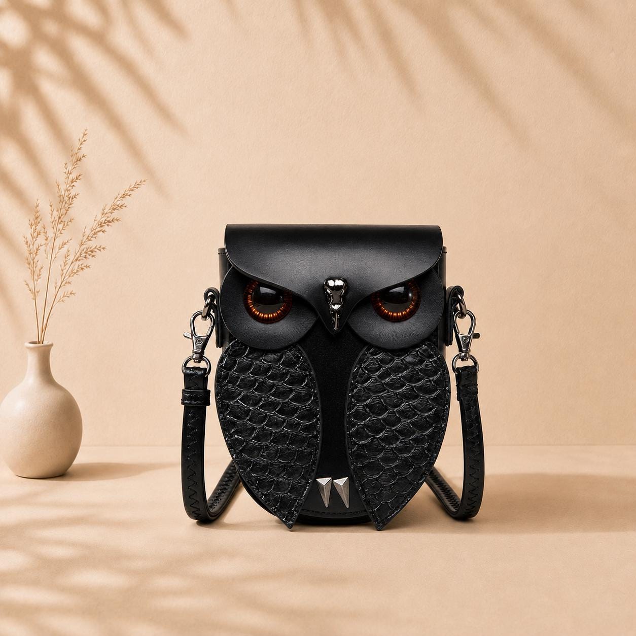 Owl Crossbody Bag Black Faux Leather Novelty Shoulder Purse