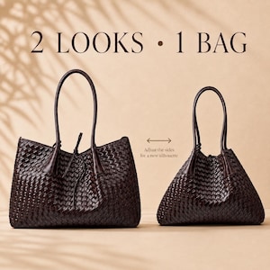 May include: A dark brown woven tote bag shown in two configurations. The text reads 2 LOOKS 1 BAG and Adjust the sides for a new silhouette. The bag features a woven texture, two thin handles, and adjustable sides that change the bag's shape.