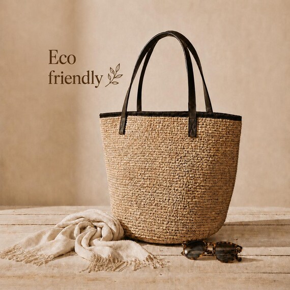 Raffia Bag, Handmade Summer Tote with Leather Handles