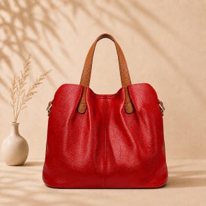 May include: A bright red handbag with a textured surface and two tan-colored handles. The bag features a central vertical seam, gathered detailing at the top, and silver-toned metal hardware attachments on the sides for a shoulder strap.