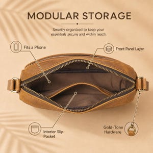 May include: A brown leather crossbody bag shown from an open top view. Text reads MODULAR STORAGE, Fits a Phone, Front Panel Layer, Interior Slip Pocket, and Gold-Tone Hardware. The interior is lined with dark fabric and features a slip pocket.