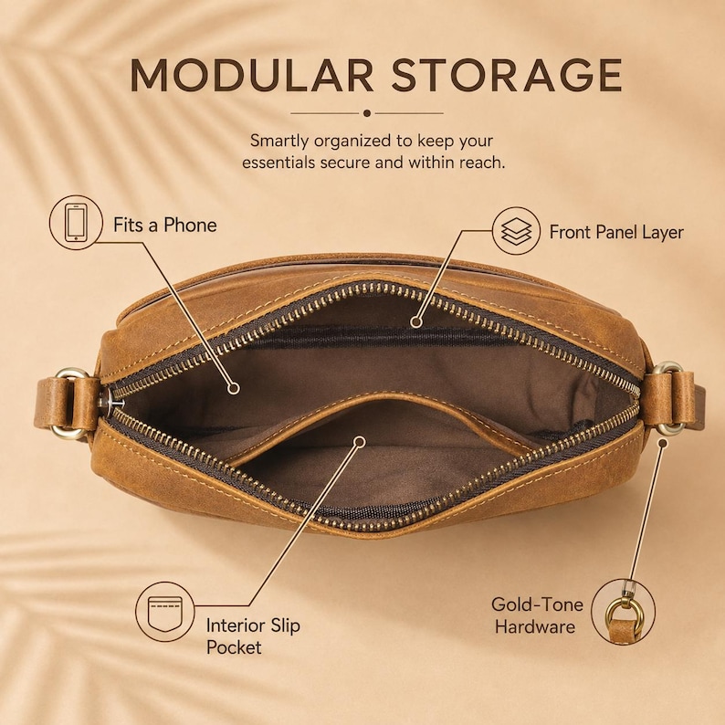 May include: A brown leather crossbody bag shown from an open top view. Text reads MODULAR STORAGE, Fits a Phone, Front Panel Layer, Interior Slip Pocket, and Gold-Tone Hardware. The interior is lined with dark fabric and features a slip pocket.