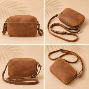 May include: A rectangular brown leather crossbody bag featuring a smooth matte finish, a top zipper closure, and an adjustable shoulder strap with antique brass-toned metal hardware. The bag is shown from multiple angles including front and side views.