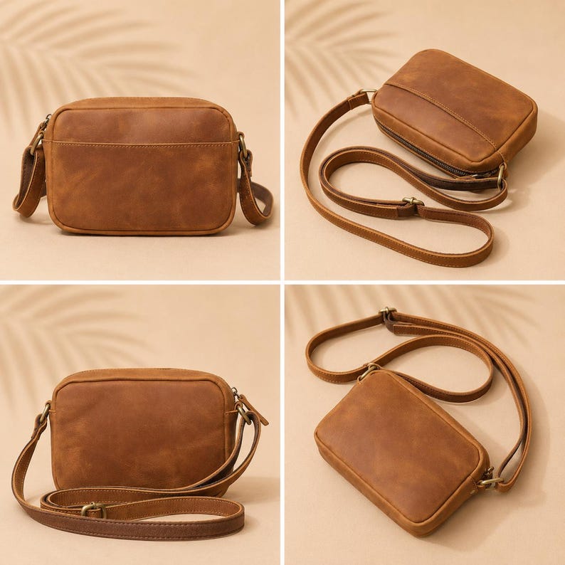 May include: A rectangular brown leather crossbody bag featuring a smooth matte finish, a top zipper closure, and an adjustable shoulder strap with antique brass-toned metal hardware. The bag is shown from multiple angles including front and side views.
