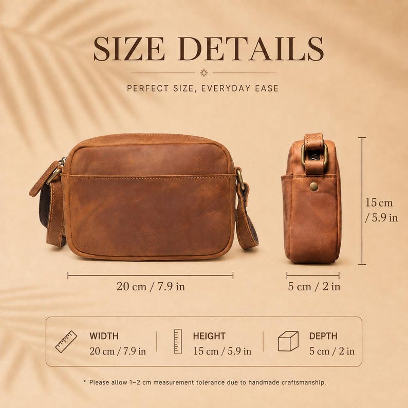 May include: A brown leather crossbody bag shown from the front and side. Text reads SIZE DETAILS, PERFECT SIZE, EVERYDAY EASE. Dimensions are 7.9 inches wide, 5.9 inches high, and 2 inches deep. Includes a note about 1-2 cm measurement tolerance.
