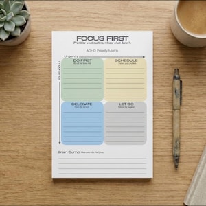 May include: A white paper planner sheet titled FOCUS FIRST with the subtitle Prioritize what matters, release what doesn't. It features an ADHD Priority Matrix with four colored quadrants labeled DO FIRST, SCHEDULE, DELEGATE, and LET GO.
