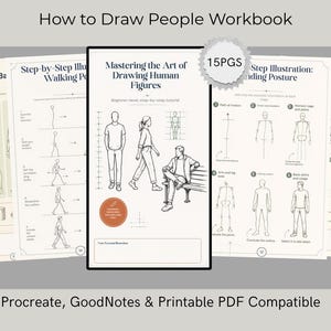 Könnte beinhalten: Ein 15-seitiges How to Draw People Workbook mit Schritt-für-Schritt-Anleitungen zum Zeichnen menschlicher Figuren, Gehbewegungen und Stehposen, inklusive anatomischer Skizzen und Platz für eigene Übungen.