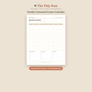 May include: A printable monthly calendar page titled The Tidy Nest Family Command Center Calendar. The white sheet features a grid for days of the week, with sections at the bottom for this month's to-do, appointments, and reminders with checkboxes.