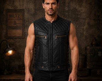 Chaleco de cuero negro para hombre con hombros acolchados - Chaleco artesanal para club de motociclistas