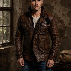 Men's Brown Military Field Leather Jacket - Classic Moto Style Coat