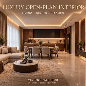 May include: A luxury open-plan interior featuring a living area with a beige sectional sofa, a dining space with chairs, and a kitchen. The room includes a round coffee table, a wall-mounted television, and warm ambient lighting. Text reads: LUXURY OPEN-PLAN INTERIOR LIVING DINING KITCHEN VISIONCRAFT HUB INTERIOR DESIGN SOLUTIONS.
