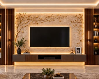 May include: A wall-mounted media console with a dark wood finish, positioned beneath a large flat-screen television. The wall features a textured beige backdrop with gold-coloured tree branch wall art, vertical wood slats, and integrated LED lighting.