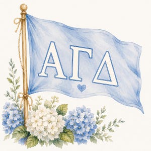 May include: A watercolor illustration of a light blue flag attached to a wooden pole, featuring the Greek letters Alpha Gamma Delta in white with blue outlines. A small blue heart sits below the letters, surrounded by blue and white hydrangea flowers.