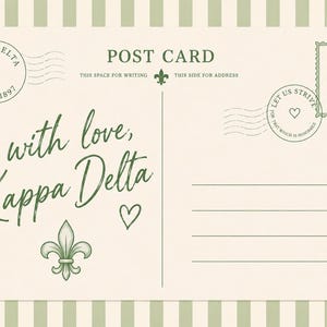 May include: A cream-colored postcard with sage green vertical stripes, featuring the text 'POST CARD', 'with love, Kappa Delta', and 'THIS SPACE FOR WRITING' and 'THIS SIDE FOR ADDRESS'. It includes a fleur-de-lis, hearts, and two postmarks.